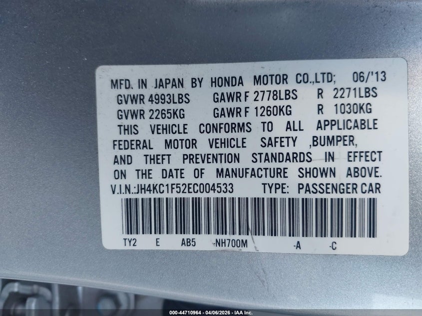 2014 Acura RLX VIN JH4KC1F52EC004533 IAAI salvage auction — RIGHT FRONT, Salvage Title, sold $525 on 2026-07-22 (photo 9)
