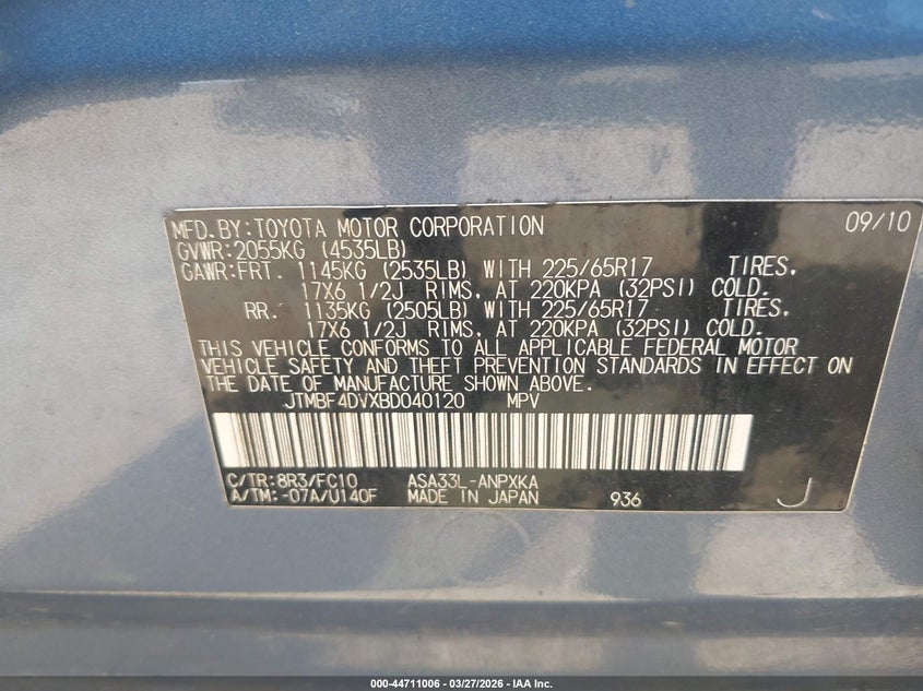 2011 Toyota Rav 4 VIN JTMBF4DVXBD040120 IAAI salvage auction — NORMAL WEAR, Original (Texas), sold $3,900 on 2026-07-09 (photo 9)