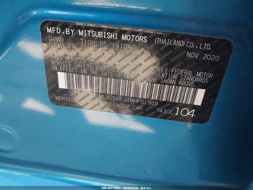2021 Mitsubishi Mirage VIN ML32FUFJ1MHF01989 IAAI salvage auction — REAR END, Wait Title, sold $1,050 on 2026-07-21 (photo 9)