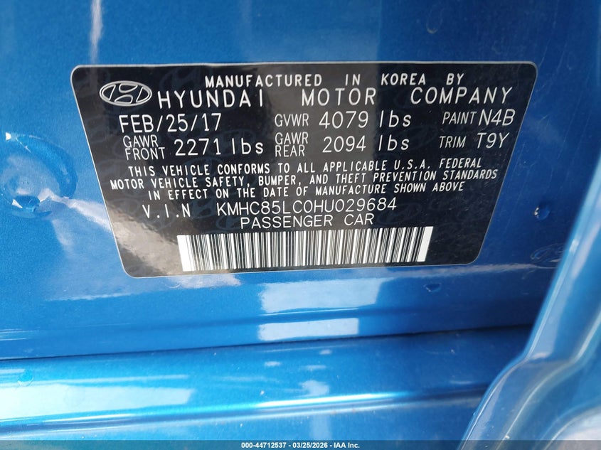 2017 Hyundai Ioniq VIN KMHC85LC0HU029684 IAAI salvage auction — FRONT END, Wait Title, sold $1,650 on 2026-07-09 (photo 9)