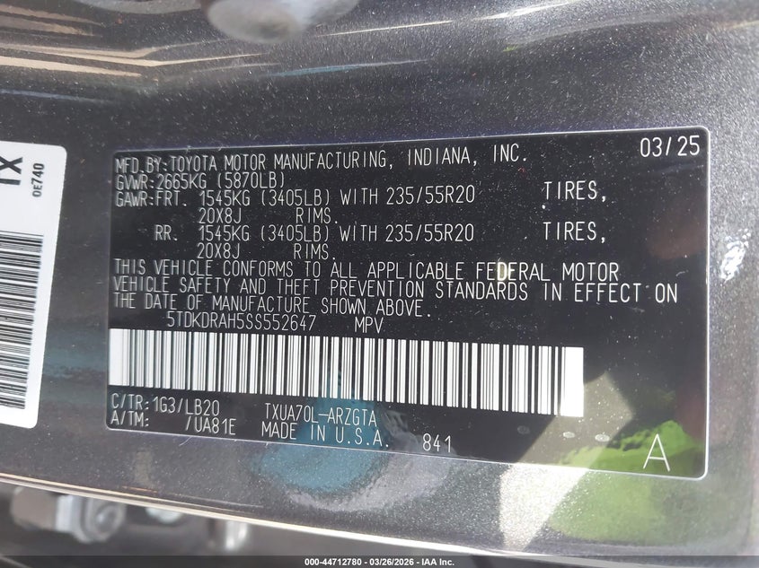 2025 Toyota Highlander VIN 5TDKDRAH5SS552647 IAAI salvage auction — UNKNOWN, Wait Title, sold $19,100 on 2026-07-21 (photo 9)