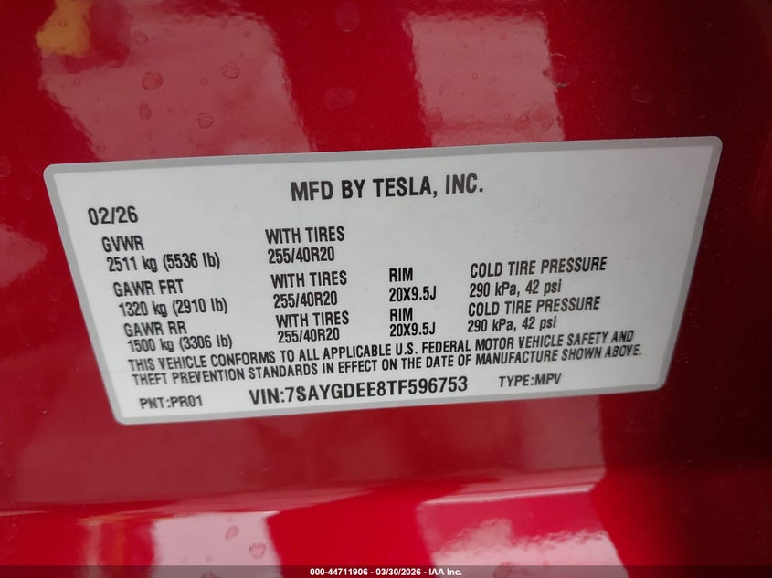2026 Tesla Model y VIN 7SAYGDEE8TF596753 IAAI salvage auction — RIGHT FRONT, Wait Title, sold $26,550 on 2026-07-06 (photo 9)