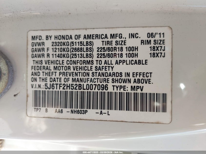 2011 Honda Accord crosstour VIN 5J6TF2H52BL007096 IAAI salvage auction — WATER/FLOOD, Bill Of Sale (Hawaii), sold $25 on 2026-07-07 (photo 9)