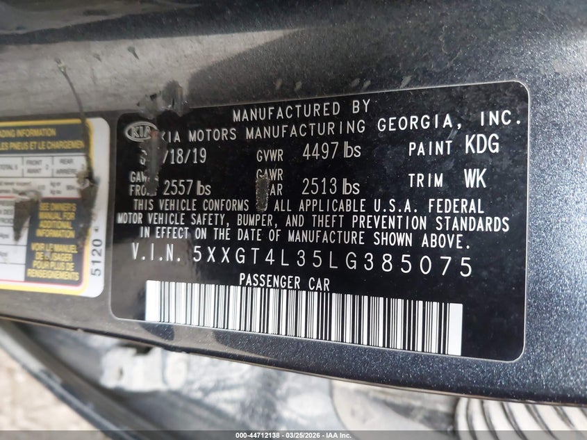 2020 Kia Optima VIN 5XXGT4L35LG385075 IAAI salvage auction — FRONT END, Salvage (Ohio), sold $550 on 2026-07-28 (photo 9)