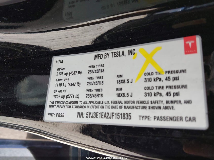 2018 Tesla Model 3 VIN 5YJ3E1EA2JF151835 IAAI salvage auction — REAR END, Salvage (Georgia), sold $25 on 2026-07-23 (photo 9)