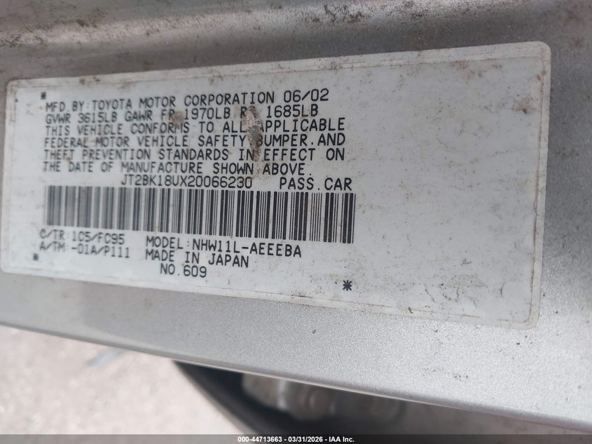 2002 Toyota Prius VIN JT2BK18UX20066230 IAAI salvage auction — REAR END, Salvage (North Carolina), sold $450 on 2026-07-20 (photo 9)