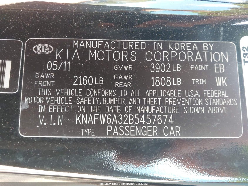 2011 Kia Forte VIN KNAFW6A32B5457674 IAAI salvage auction — SIDE, Salvage (North Carolina), sold $500 on 2026-07-20 (photo 9)