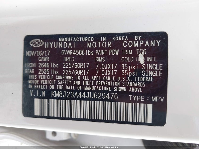 2018 Hyundai Tucson VIN KM8J23A44JU629476 IAAI salvage auction — FRONT END, Wait Title, sold $3,200 on 2026-07-13 (photo 9)