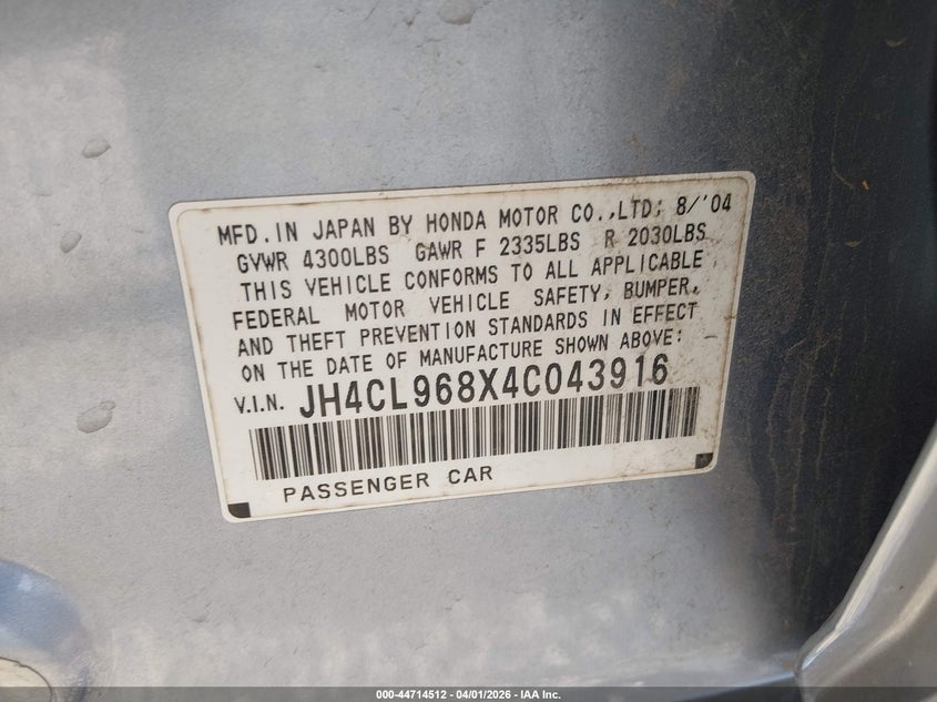 2004 Acura Tsx VIN JH4CL968X4C043916 IAAI salvage auction — FRONT END, Salvage (Arkansas), sold $25 on 2026-07-23 (photo 9)