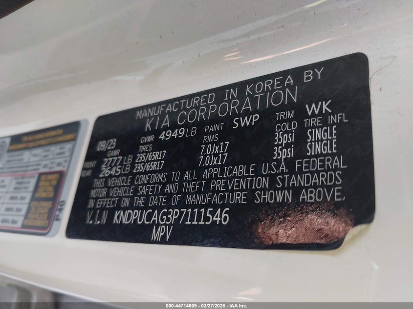 2023 Kia Sportage VIN KNDPUCAG3P7111546 IAAI salvage auction — LEFT SIDE, Wait Title, sold $9,400 on 2026-07-22 (photo 9)