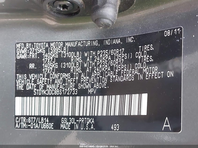 2011 Toyota Sienna VIN 5TDYK3DC8BS172733 IAAI salvage auction — FRONT END, Rebuildable (Florida), sold $850 on 2026-07-21 (photo 9)
