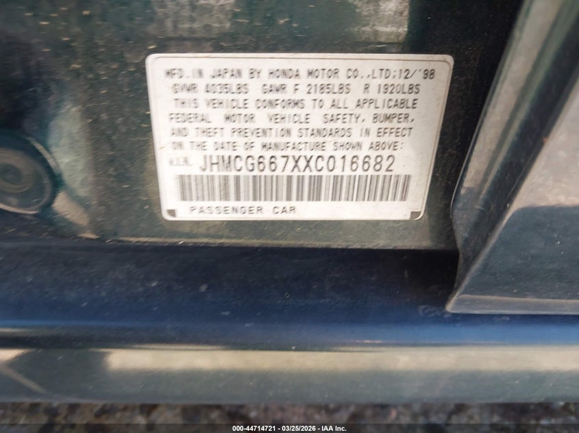 1999 Honda Accord VIN JHMCG667XXC016682 IAAI salvage auction — REAR END, Salvage (California), sold $450 on 2026-07-22 (photo 9)