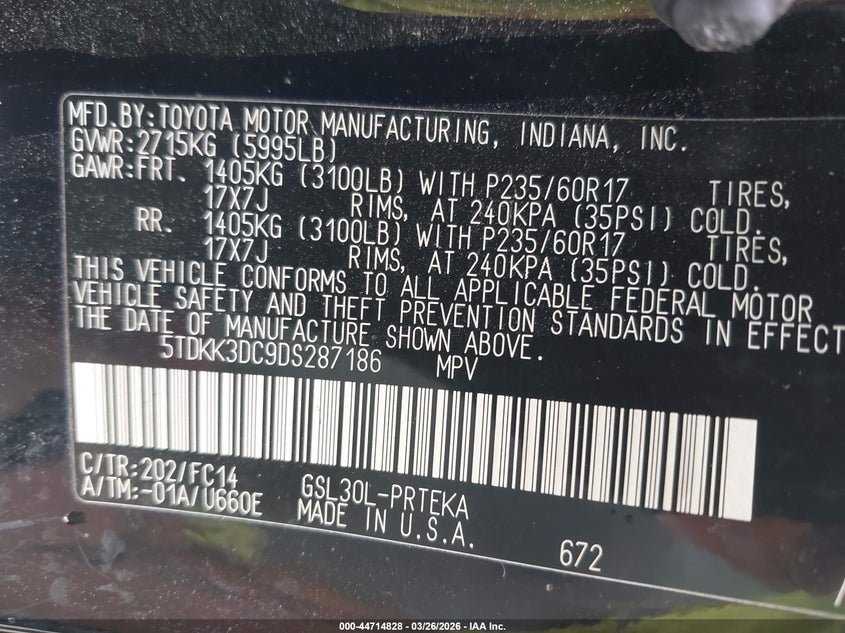 2013 Toyota Sienna VIN 5TDKK3DC9DS287186 IAAI salvage auction — LEFT FRONT, Salvage (North Carolina), sold $1,550 on 2026-07-23 (photo 9)