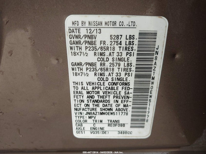 2014 Nissan Murano VIN JN8AZ1MW0EW511778 IAAI salvage auction — LEFT SIDE, Clear (Arkansas), sold $1,050 on 2026-07-08 (photo 9)