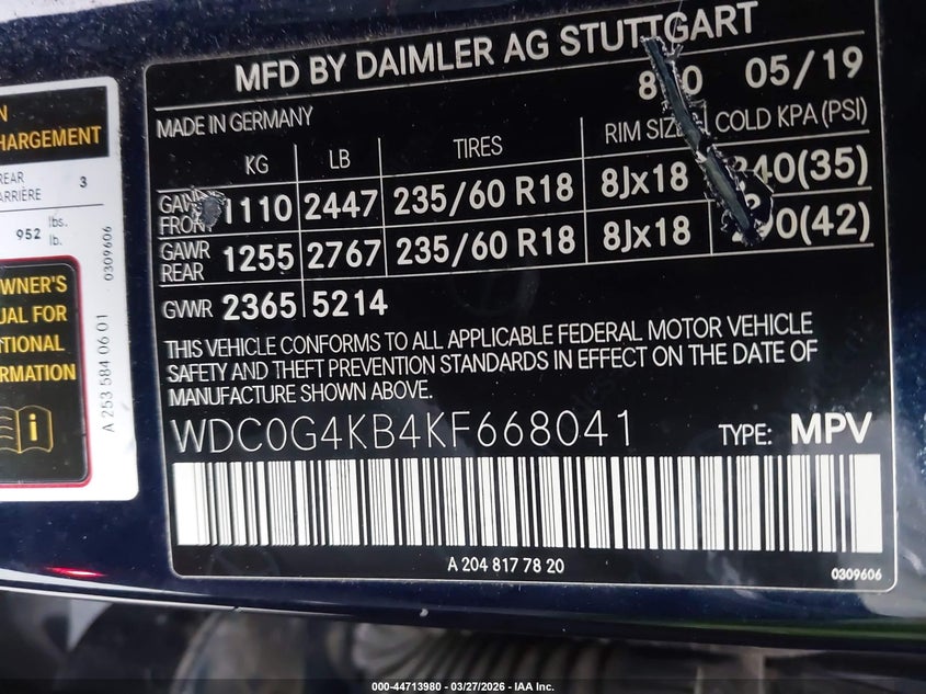 2019 Mercedes-benz Glc VIN WDC0G4KB4KF668041 IAAI salvage auction — FRONT END, Salvage (New Jersey), sold $7,700 on 2026-07-30 (photo 9)