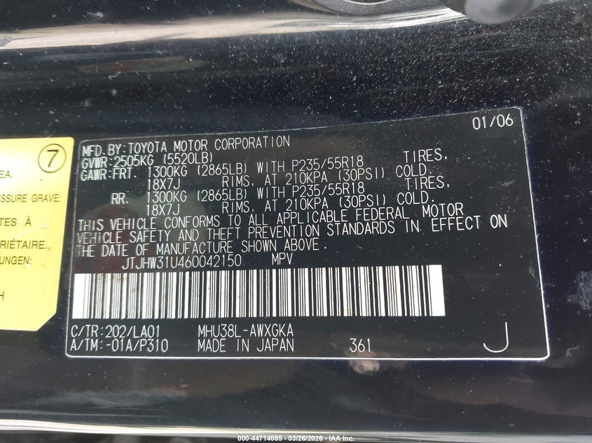 2006 Lexus Rx 400h VIN JTJHW31U460042150 IAAI salvage auction — RIGHT REAR, Salvage (Idaho), sold $1,150 on 2026-07-29 (photo 9)