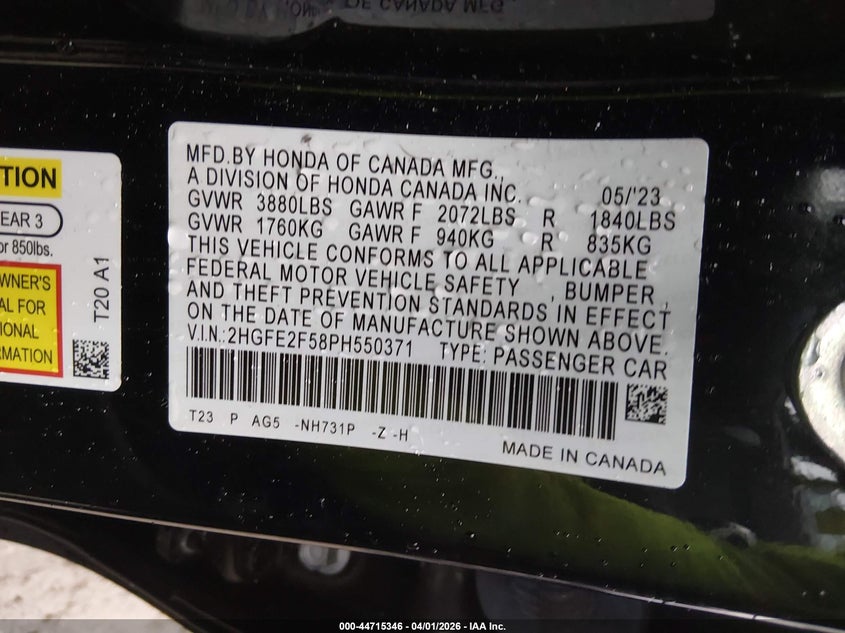 2023 Honda Civic VIN 2HGFE2F58PH550371 IAAI salvage auction — RIGHT SIDE, Wait Title, sold $7,000 on 2026-08-22 (photo 9)