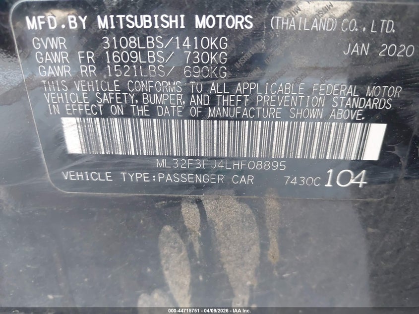 2020 Mitsubishi Mirage VIN ML32F3FJ4LHF08895 IAAI salvage auction — FRONT END, Wait Title, sold $925 on 2026-07-15 (photo 9)