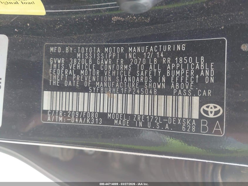 2015 Toyota Corolla VIN 5YFBURHE1FP245048 IAAI salvage auction — REAR END, Wait Title, sold $1,050 on 2026-07-28 (photo 9)