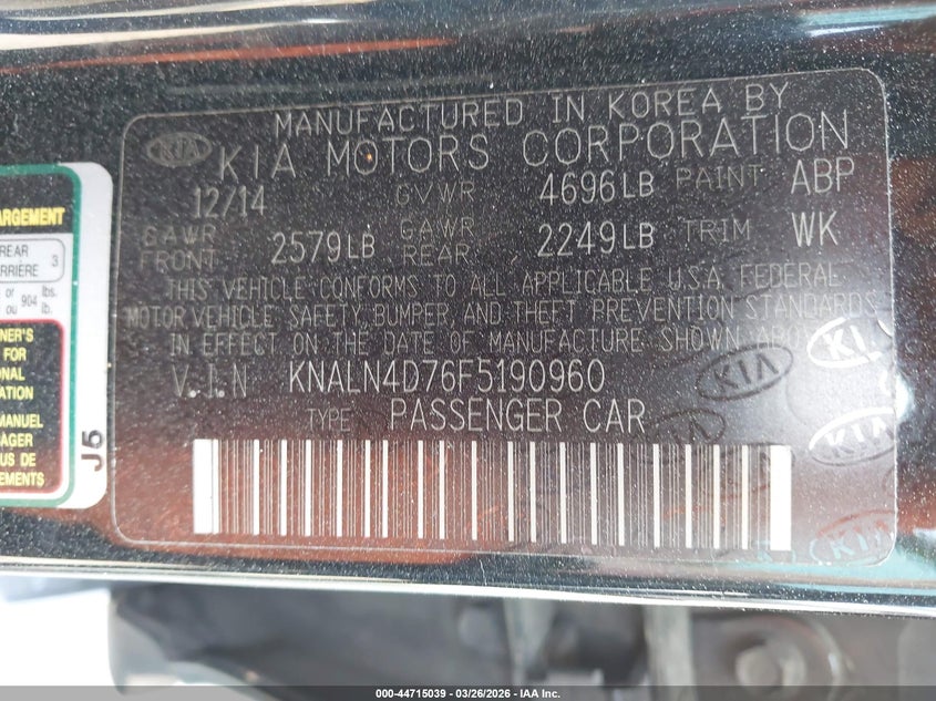 2015 Kia Cadenza VIN KNALN4D76F5190960 IAAI salvage auction — FRONT END, Salvage (Georgia), sold $675 on 2026-07-09 (photo 9)