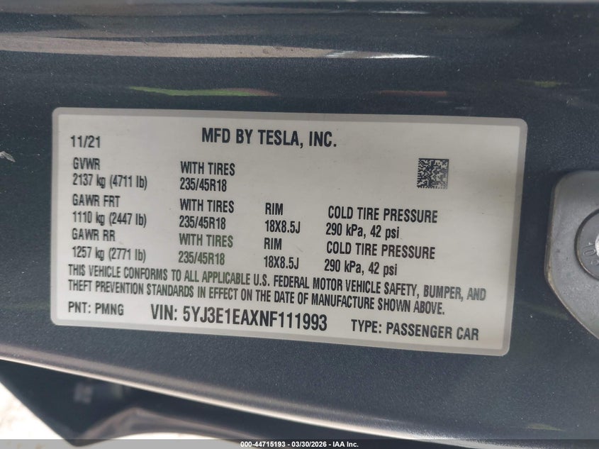 2022 Tesla Model 3 VIN 5YJ3E1EAXNF111993 IAAI salvage auction — SIDE, Salvage (Idaho), sold $7,100 on 2026-07-15 (photo 9)