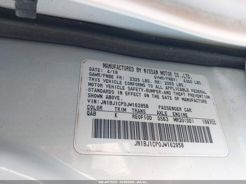 2018 Nissan Rogue VIN JN1BJ1CP0JW162958 IAAI salvage auction — UNKNOWN, Salvage Title, sold $1,850 on 2026-07-07 (photo 9)