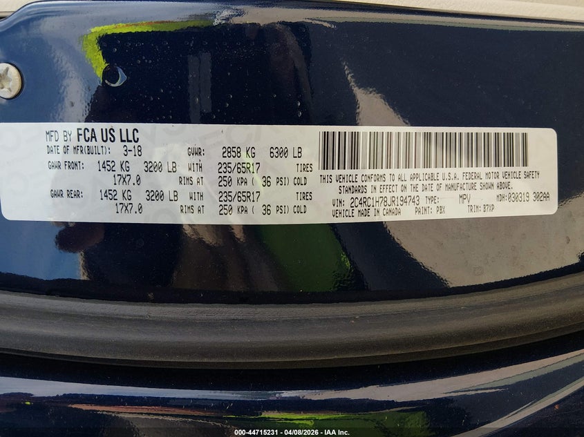 2018 Chrysler Pacifica VIN 2C4RC1H78JR194743 IAAI salvage auction — RIGHT FRONT, Wait Title, sold $4,950 on 2026-10-06 (photo 9)