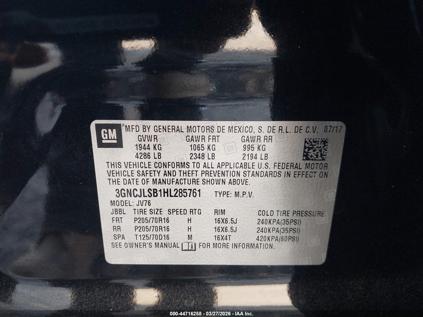 2017 Chevrolet Trax VIN 3GNCJLSB1HL285761 IAAI salvage auction — FRONT END, Wait Title, sold $550 on 2026-07-11 (photo 9)