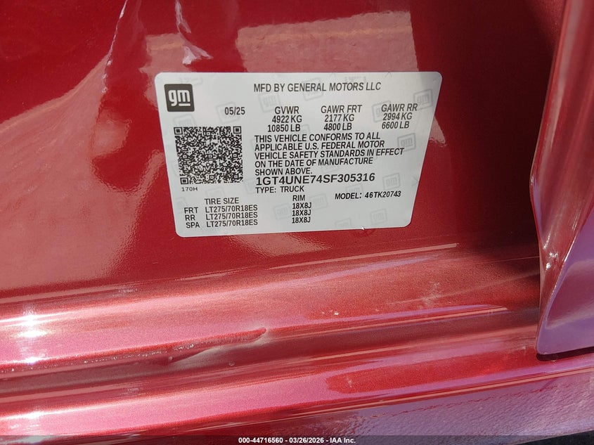 2025 Gmc VIN 1GT4UNE74SF305316 IAAI salvage auction — FRONT END, Salvage (Colorado), sold $22,200 on 2026-07-21 (photo 9)