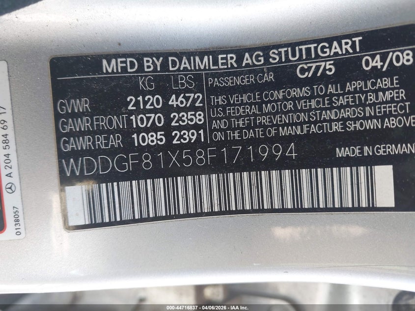 2008 Mercedes-benz C-klasse VIN WDDGF81X58F171994 IAAI salvage auction — FRESH WATER, Reconstructed (Massachusetts), sold $400 on 2026-07-17 (photo 9)