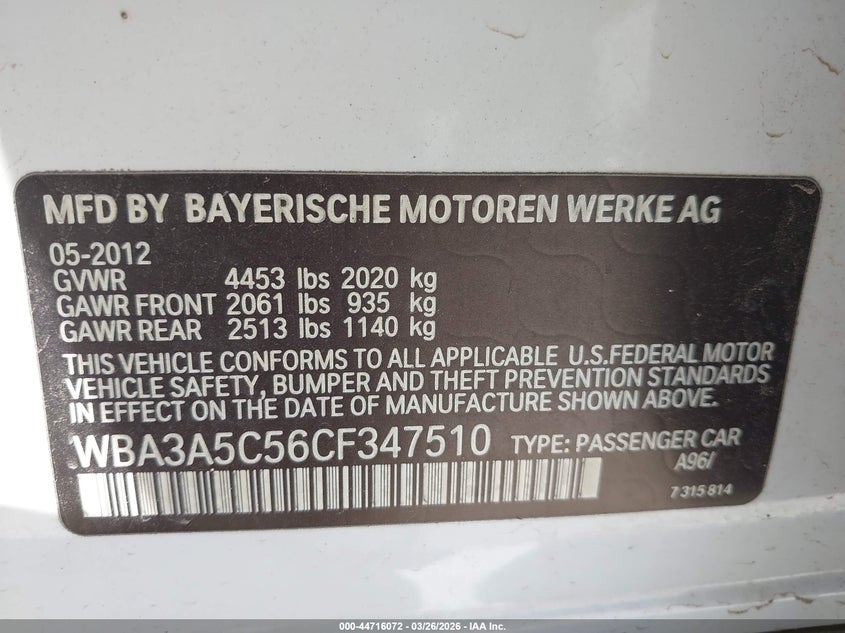 2012 BMW 3er VIN WBA3A5C56CF347510 IAAI salvage auction — REAR END, Wait Title, sold $3,150 on 2026-08-21 (photo 9)