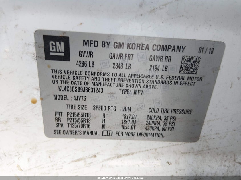 2018 Buick Encore VIN KL4CJCSB9JB631243 IAAI salvage auction — RIGHT SIDE, Wait Title, sold $900 on 2026-07-27 (photo 9)