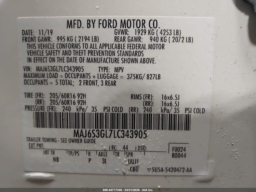 2020 Ford Ecosport VIN MAJ6F3GL7LC343905 IAAI salvage auction — FRONT END, Wait Title, sold $800 on 2026-07-08 (photo 9)