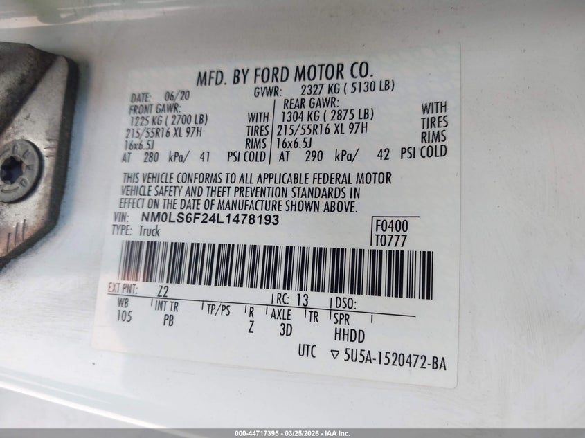 2020 Ford VIN NM0LS6F24L1478193 IAAI salvage auction — NORMAL WEAR, Original (Ohio), sold $750 on 2026-07-21 (photo 9)