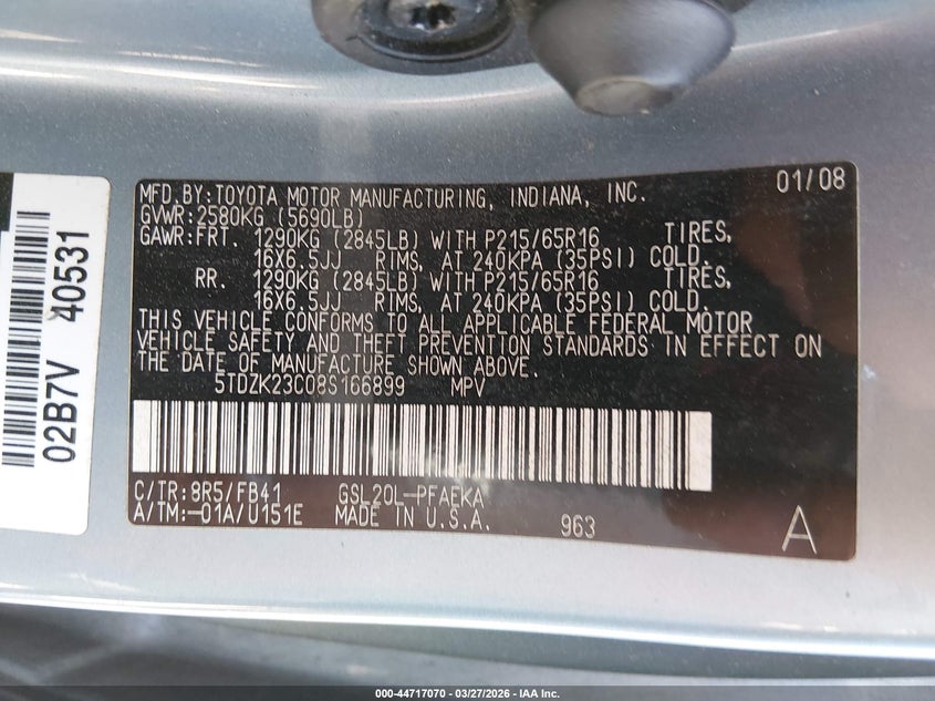 2008 Toyota Sienna VIN 5TDZK23C08S166899 IAAI salvage auction — FRONT END, Salvage (Georgia), sold $700 on 2026-07-23 (photo 9)
