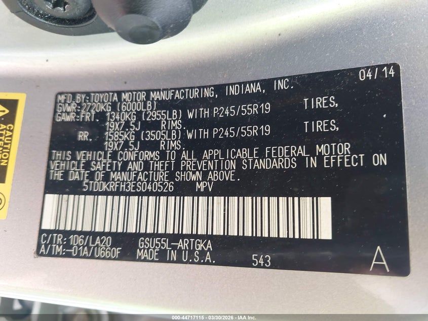 2014 Toyota Highlander VIN 5TDDKRFH3ES040526 IAAI salvage auction — RIGHT REAR, Salvage (Virginia), sold $9,200 on 2026-07-07 (photo 9)