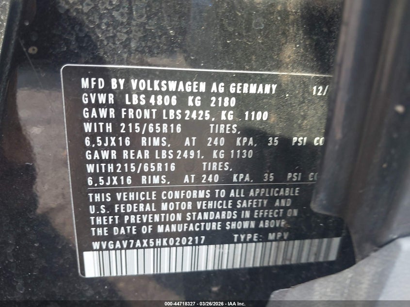 2017 Volkswagen Tiguan VIN WVGAV7AX5HK020217 IAAI salvage auction — UNKNOWN, Salvage - Greater Than 75% (Maryland), sold $1,325 on 2026-07-27 (photo 9)