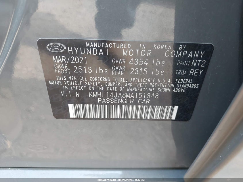 2021 Hyundai Sonata VIN KMHL14JA8MA151348 IAAI salvage auction — FRONT END, Wait Title, sold $5,050 on 2026-07-08 (photo 9)