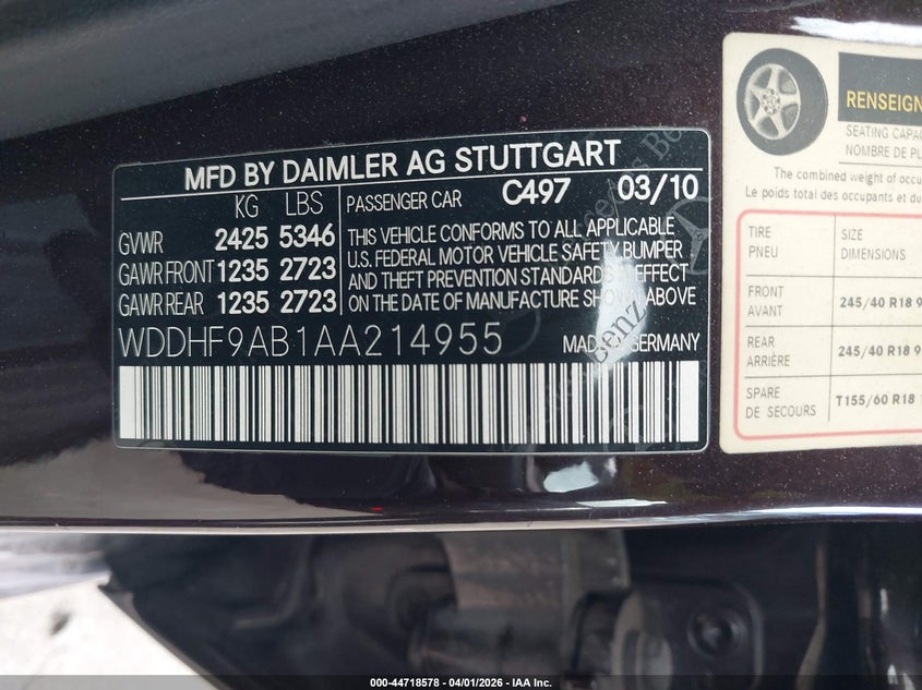 2010 Mercedes-benz E-klasse VIN WDDHF9AB1AA214955 IAAI salvage auction — REAR END, Mv-907A (New York), sold $2,150 on 2026-07-28 (photo 9)