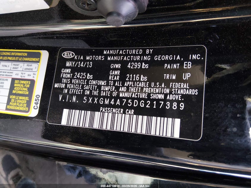 2013 Kia Optima VIN 5XXGM4A75DG217389 IAAI salvage auction — THEFT, Salvage (Nevada), sold $625 on 2026-07-31 (photo 9)