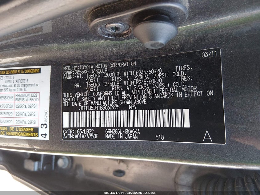 2011 Toyota 4runner VIN JTEBU5JR1B5060975 IAAI salvage auction — REAR END, Salvage - Greater Than 75% (Maryland), sold $7,600 on 2026-07-30 (photo 9)