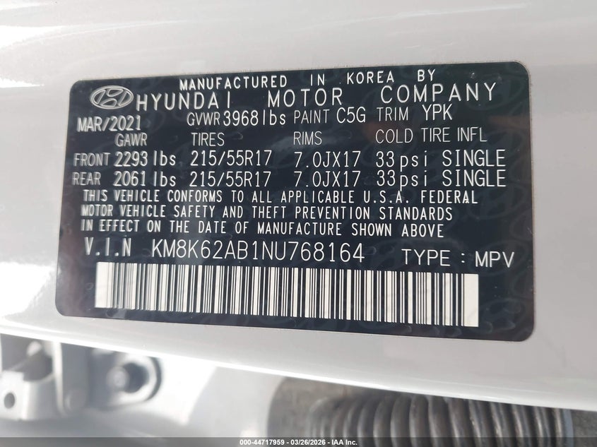 2022 Hyundai Kona VIN KM8K62AB1NU768164 IAAI salvage auction — FRONT END, Original (Texas), sold $25 on 2026-07-27 (photo 9)