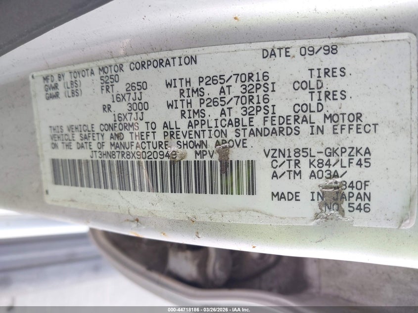 1999 Toyota 4runner VIN JT3HN87R8X9020949 IAAI salvage auction — NORMAL WEAR, Clear - Dealer Only (California), sold $2,050 on 2026-07-13 (photo 9)