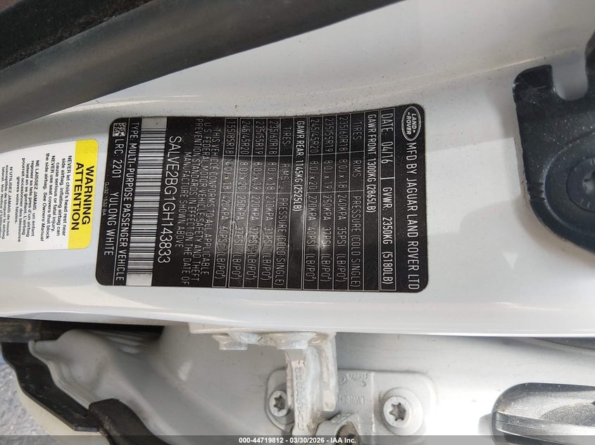 2016 Land rover Range rover evoque VIN SALVE2BG1GH143833 IAAI salvage auction — RIGHT FRONT, Salvage (Colorado), sold $3,450 on 2026-07-21 (photo 9)
