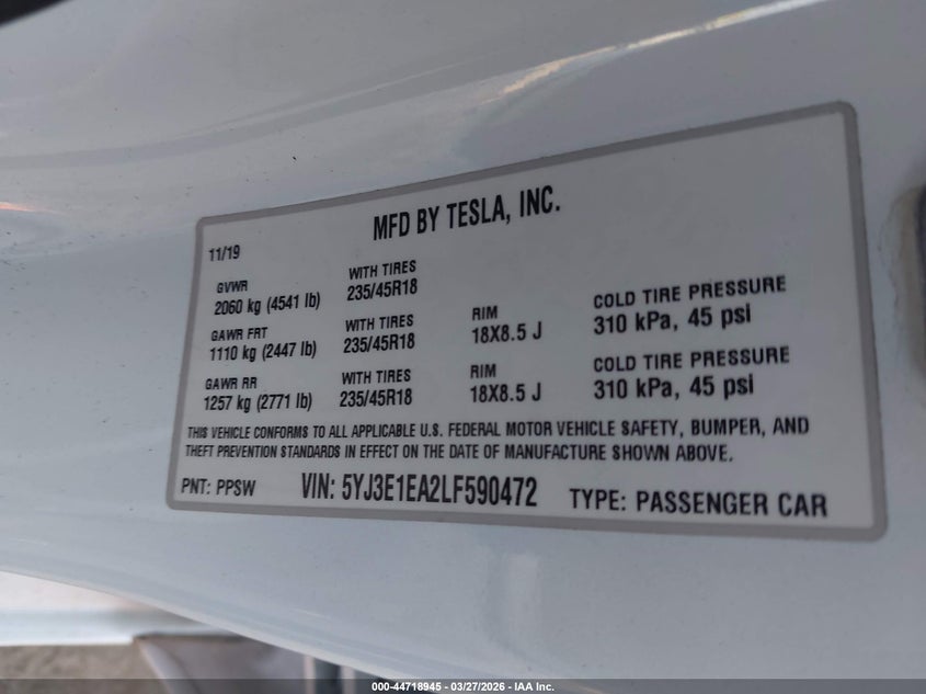 2020 Tesla Model 3 VIN 5YJ3E1EA2LF590472 IAAI salvage auction — FRONT END, Wait Title, sold $3,750 on 2026-07-16 (photo 9)