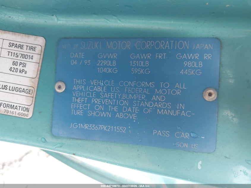 1993 Geo Metro VIN JG1MR3367PK211552 IAAI salvage auction — FRONT END, Salvage (Kentucky), sold $25 on 2026-07-28 (photo 9)