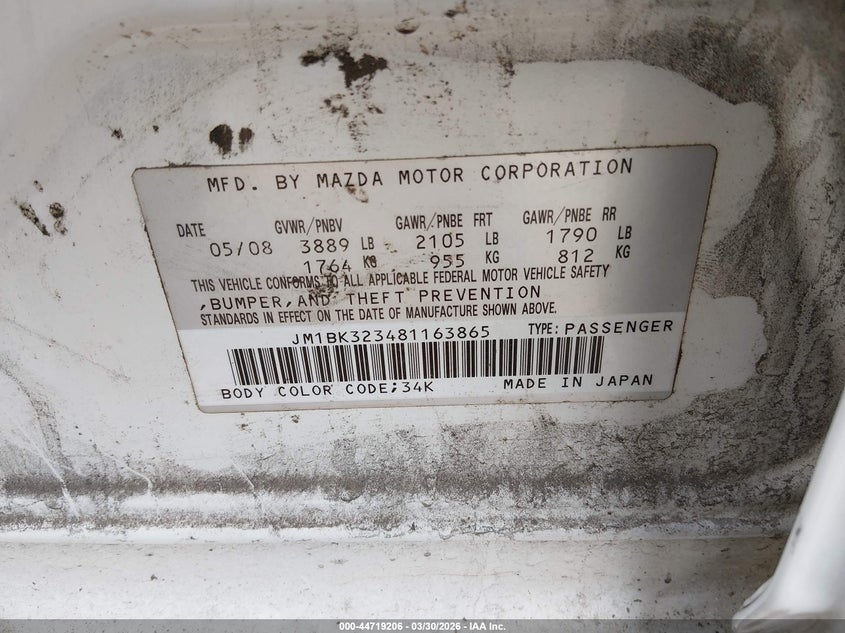 2008 Mazda 3 VIN JM1BK323481163865 IAAI salvage auction — FRONT END, Salvage (Tennessee), sold $300 on 2026-07-15 (photo 9)