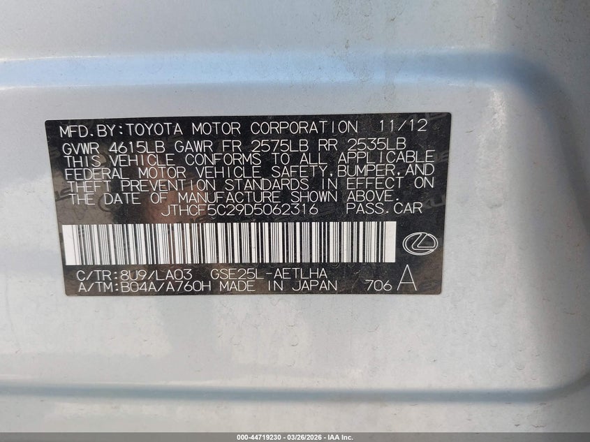 2013 Lexus Is VIN JTHCF5C29D5062316 IAAI salvage auction — FRONT END, Salvage (Nevada), sold $675 on 2026-07-28 (photo 9)