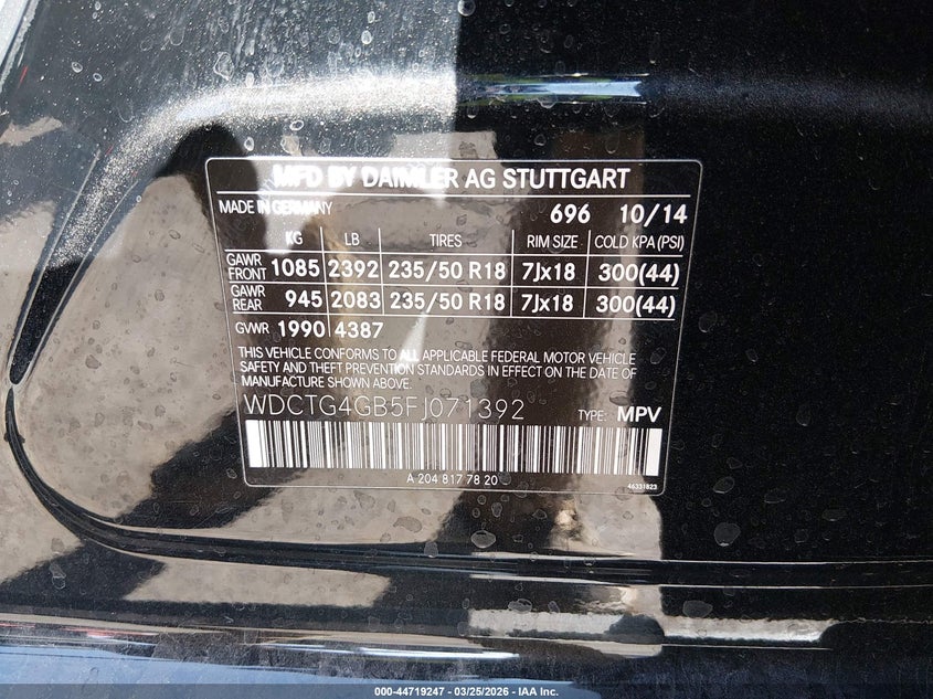 2015 Mercedes-benz Gla-klasse VIN WDCTG4GB5FJ071392 IAAI salvage auction — NORMAL WEAR, Salvage (Texas), sold $3,000 on 2026-07-17 (photo 9)