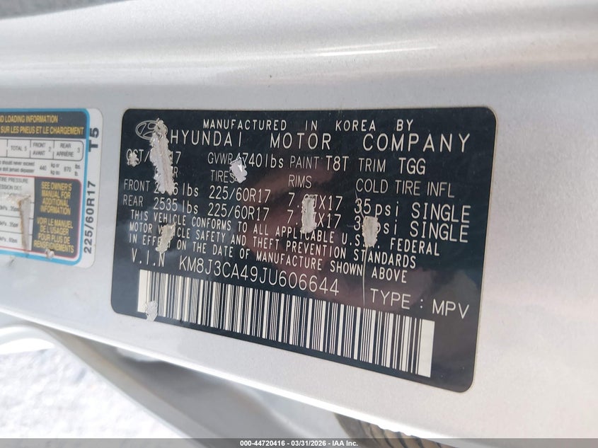 2018 Hyundai Tucson VIN KM8J3CA49JU606644 IAAI salvage auction — FRONT & REAR, Wait Title, sold $2,800 on 2026-07-20 (photo 9)